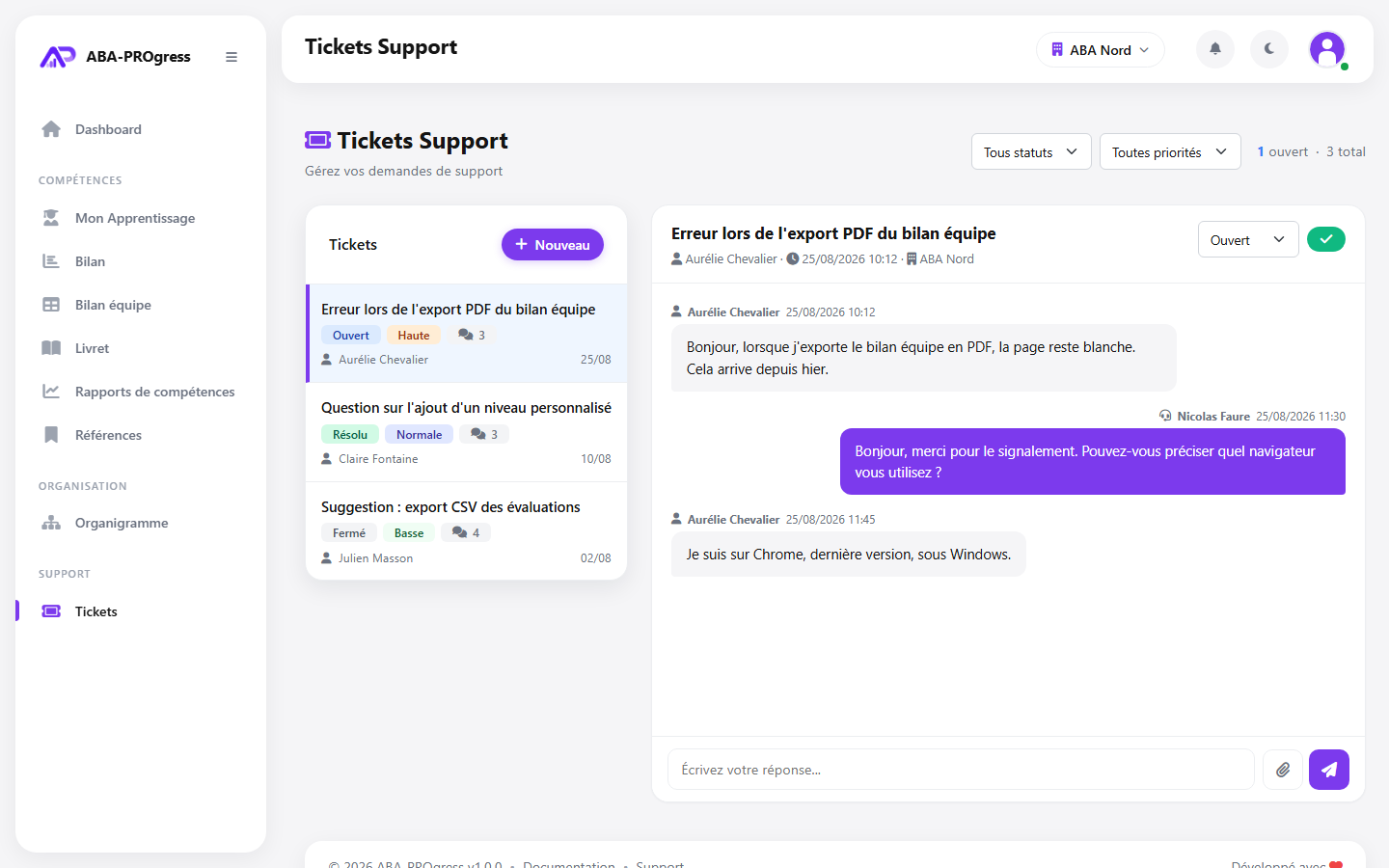 Fil de discussion d’un ticket de support